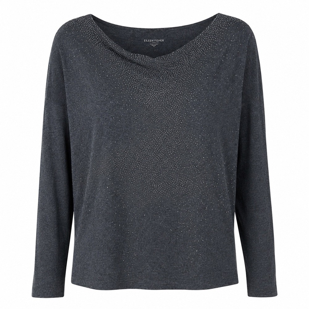Eileen Fisher Womens Top PM Grey Beaded Cowl Long Sleeve Italian Yarn Jersey
